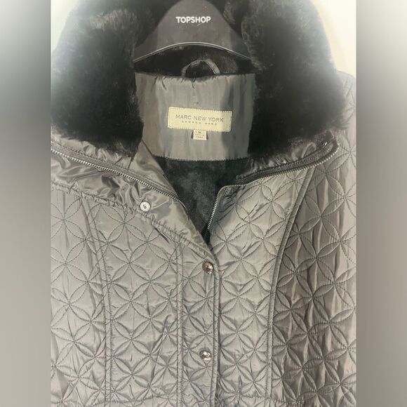 Marc New York Andrew Marc Faux Fur Trim Charcoal Black Warm Quilted Coat Women M - Picture 3 of 6